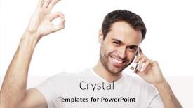  Presentation with casual young people - Presentation theme featuring life style business and people concept casual young man showing thumbs up sign while speaking on the phone and smiling to the camera isolated on white background background and a lemonade colored foreground