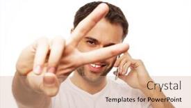  Presentation with casual young people - Cool new theme with life style business and people concept casual young man showing thumbs up sign while speaking on the phone and smiling to the camera isolated on white background backdrop and a coral colored foreground