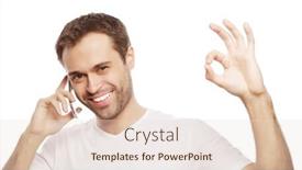  Presentation with casual young people - PPT theme with life style business and people concept casual young man showing thumbs up sign while speaking on the phone and smiling to the camera isolated on white background background and a lemonade colored foreground