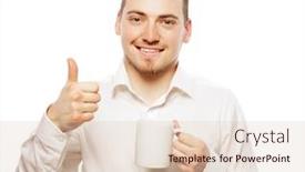  Presentation with casual young people - Presentation consisting of life style food and people concept casual young man holding white cup with coffee or tea background and a lemonade colored foreground