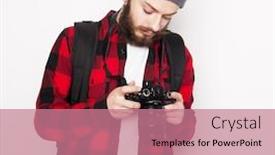  Presentation with tehnology - PPT layouts enhanced with life style tehnology and people concept professional photographer portrait of confident young man in shirt holding camera over white background background and a coral colored foreground