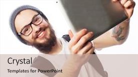  Presentation with tehnology - Amazing presentation theme having life style tehnology and people concept happy selfie young bearded man holding tablet and making photo of himself while standing against white background backdrop and a soft green colored foreground