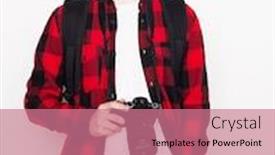  Presentation with tehnology - Presentation theme with life style tehnology and people concept professional photographer portrait of confident young man in shirt holding camera over white background background and a coral colored foreground