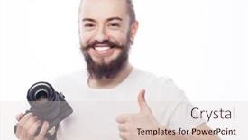  Presentation with tehnology - Presentation theme featuring life style tehnology and people concept professional photographer portrait of confident young man in shirt holding camera over white background background and a lemonade colored foreground