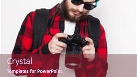  Presentation with tehnology - PPT theme with life style tehnology and people concept professional photographer portrait of confident young man in shirt holding camera over white background background and a tawny brown colored foreground