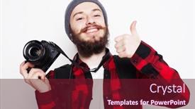  Presentation with tehnology - Presentation theme consisting of life style tehnology and people concept professional photographer portrait of confident young man in shirt holding camera over white background background and a tawny brown colored foreground