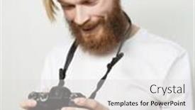  Presentation with tehnology - Slides featuring life style tehnology and people concept professional photographer portrait of confident young man in shirt holding camera over white background background and a light gray colored foreground