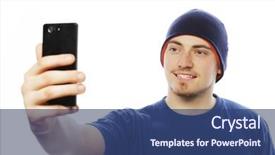  Presentation with tehnology - Beautiful PPT theme featuring life style tehnology and people concept a young man in shirt holding mobile phone and making photo of himself while standing against white background backdrop and a ocean colored foreground