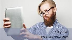  Presentation with tehnology - Slide set having life style tehnology and people concept happy selfie young bearded man holding tablet and making photo of himself while standing against white background background and a light blue colored foreground