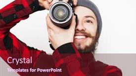  Presentation with tehnology - Colorful slide set enhanced with life style tehnology and people concept professional photographer portrait of confident young man in shirt holding camera over white background backdrop and a tawny brown colored foreground