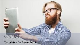 Presentation with tehnology - Slide deck consisting of life style tehnology and people concept happy selfie young bearded man holding tablet and making photo of himself while standing against white background background and a light blue colored foreground