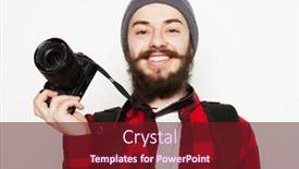  Presentation with tehnology - Slide deck having life style tehnology and people concept professional photographer portrait of confident young man in shirt holding camera over white background background and a tawny brown colored foreground