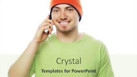  Presentation with tehnology - Colorful slide set enhanced with life style tehnology and people concept cheerful man in shirt speaking on the phone isolated on white backdrop and a mint green colored foreground