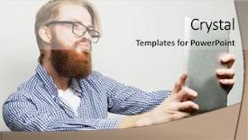  Presentation with tehnology - PPT theme with life style tehnology and people concept happy selfie young bearded man holding tablet and making photo of himself while standing against white background background and a white colored foreground