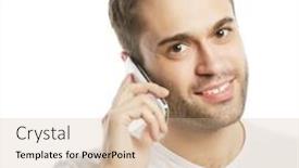  Presentation with tehnology - Audience pleasing theme consisting of life style tehnology and people concept cheerful man in shirt speaking on the phone isolated on white backdrop and a soft green colored foreground