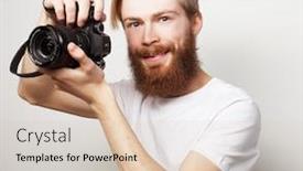  Presentation with tehnology - Presentation design featuring life style tehnology and travel concept bearded man wearing white t-shirt with a digital camera isolated on a white background background and a lemonade colored foreground