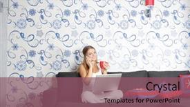  Presentation with college education happy smiling - PPT theme having life works - young happy smiling woman background and a  colored foreground