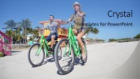  Presentation with miami beach - Beautiful PPT theme featuring lifeguard - couple of tourists riding bike backdrop and a teal colored foreground