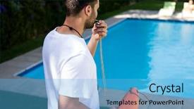  Presentation with whistle - PPT layouts enhanced with lifeguard blowing whistle at poolside on a sunny day background and a light blue colored foreground