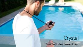  Presentation with lifeguard - Theme enhanced with lifeguard holding stopwatch at poolside on a sunny day background and a light blue colored foreground