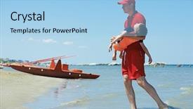  Presentation with drowning - PPT theme consisting of lifeguard man with rescued child background and a light blue colored foreground