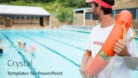  Presentation with lifeguard - Presentation design consisting of lifeguard with lifebuoy looking at students playing in the pool on a sunny day background and a cool aqua colored foreground