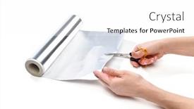  Presentation with female - Cool new slide set with lifehack-female-hand-cutting-aluminum backdrop and a white colored foreground