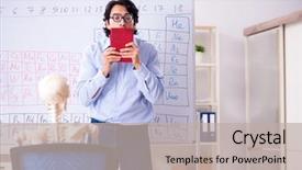  Presentation with teacher and student - Beautiful PPT theme featuring lifelong learning - young male chemist teacher backdrop and a mint green colored foreground