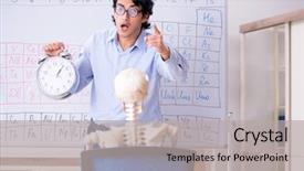  Presentation with teacher and student - PPT theme having lifelong learning - young male chemist teacher background and a light gray colored foreground