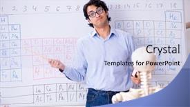  Presentation with teacher and student - Presentation design with lifelong learning - young male chemist teacher background and a sky blue colored foreground