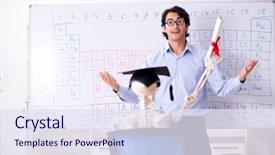  Presentation with chemist - Beautiful slide set featuring lifelong learning - young male chemist teacher backdrop and a sky blue colored foreground