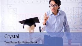  Presentation with teacher and student - Colorful slide set enhanced with lifelong learning - young male chemist teacher backdrop and a teal colored foreground