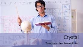  Presentation with teacher and student - Presentation enhanced with lifelong learning - young male chemist teacher background and a light blue colored foreground