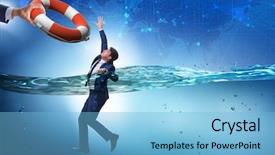  Presentation with lifesaver - Cool new PPT theme with lifesaver - businessman being saved from drowning backdrop and a light blue colored foreground