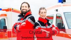  Presentation with ambulance - Audience pleasing PPT theme consisting of lifesaver - emergency doctor and nurse standing backdrop and a red colored foreground