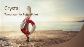  Presentation with orange life buoy splash water - Cool new slide deck with lifesaver - fashionable woman holding a life backdrop and a sky blue colored foreground