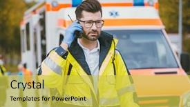  Presentation with medic - PPT theme having lifesaver - medic man talking to headquarter background and a yellow colored foreground