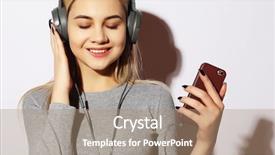  Presentation with music headphones - Colorful presentation design enhanced with lifestyle and people concept beautiful backdrop and a coral colored foreground