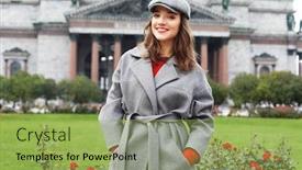  Presentation with city people walking - Presentation having lifestyle and people concept close-up portrait of young woman in elegant gray coat standing on the street in autumn day fashionable female model with hat walking around city in autumn vacation background and a yellow colored foreground