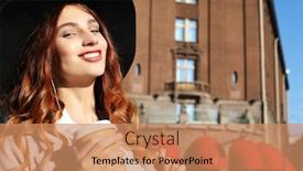  Presentation with cappuccino - Cool new presentation design with lifestyle and people concept redhair girl in pink coat holding glasses and looking away with smile lovely young woman with leather backpack drinks cappuccino in autumn city backdrop and a coral colored foreground