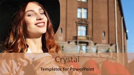  Presentation with cappuccino - Slides with lifestyle and people concept redhair girl in pink coat holding glasses and looking away with smile lovely young woman with leather backpack drinks cappuccino in autumn city background and a coral colored foreground