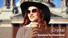  Presentation with city people walking - Beautiful slide set featuring lifestyle and people concept smiling stylish young woman drinking coffee while walking on a city street backdrop and a tawny brown colored foreground