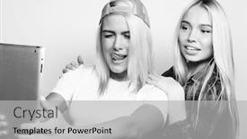  Presentation with lifestyle - Colorful PPT layouts enhanced with lifestyle and people concept two hipster girls friends taking selfie with digital tablet studio shot over gray background backdrop and a light gray colored foreground