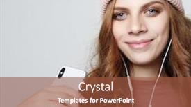 Presentation with music headphones - Cool new presentation theme with lifestyle and people concept young woman in headphones with smartphone listening to the music close up backdrop and a tawny brown colored foreground