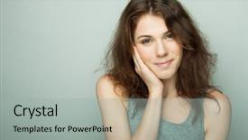  Presentation with casual young people - Cool new PPT layouts with lifestyle and people concept young casual woman portrait clean face curly hair backdrop and a light gray colored foreground