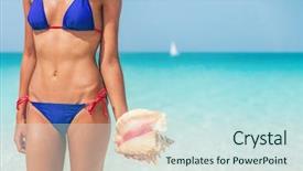 Presentation with marine life - PPT layouts with lifestyle bikini woman holding seashell background and a sky blue colored foreground