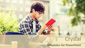  Presentation with creative writing - Colorful presentation theme enhanced with lifestyle creativity inspiration and people concept - creative man with notebook or diary writing sitting on city street bench backdrop and a lemonade colored foreground