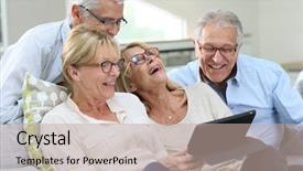  Presentation with senior hunger - Presentation design featuring lifestyle elderly - group of senior friends background and a mint green colored foreground