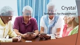  Presentation with bridge playing cards - Theme featuring lifestyle elderly - seniors playing cards together background and a  colored foreground