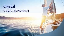  Presentation with morning sunrise - Slide set consisting of lifestyle elderly - sunrise sailing man on boat background and a sky blue colored foreground